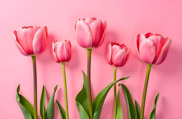 Naklejka premium Tulips pattern. Tulips on the pink background. Postcard for March 8th, Mother's Day. Selective focus