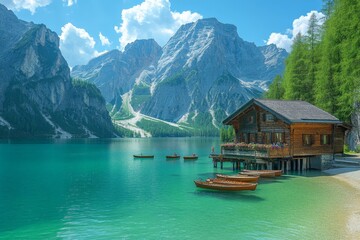 Scenic lake view with a rustic cabin surrounded by mountains and boats in the summer