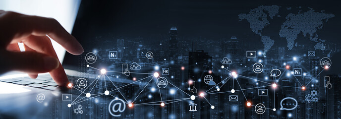 Internet network connection, digital technology, online marketing and social media. Man using mobile phone and laptop with global network, IoT Internet of Things, technology background