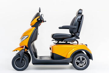 Yellow three-wheeled electric mobility scooter with a comfortable seat, displayed on a white background