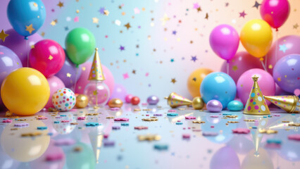 A vibrant burst of colorful balloons with confetti for a festive occasion.