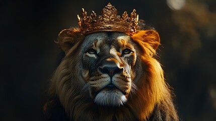 Naklejka premium Majestic Lion Wearing a Golden Crown, Symbolizing Power, Strength, and Royalty