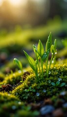 Green sprout with dew drops on moss in the forest.