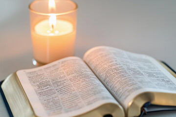 Close-up view of an open Bible with highlighted passages next to a lit candle, symbolizing reflection during Easter celebrations in 2025