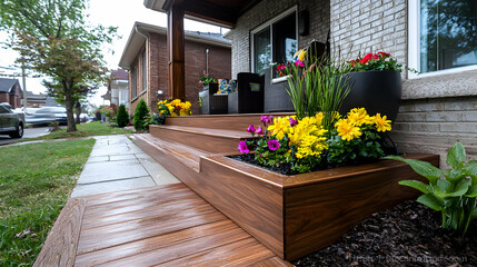 Suburban home's landscaped steps, flowers, deck