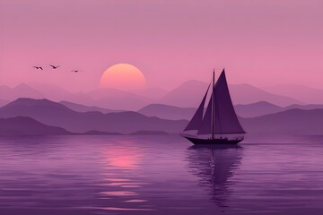 A serene scene of a sailboat gliding across a tranquil lake at sunset, with mountains in the background and a soft pink hue reflecting on the water's surface.