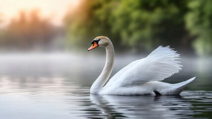 Fototapeta premium Serene Swan on Misty Lake: A Peaceful Sunrise Painting
