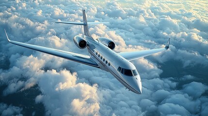 Fototapeta premium Private jet soaring above fluffy clouds in clear blue sky at sunset