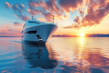 Luxury yacht sailing into a vibrant sunset over a calm ocean with distant mountains