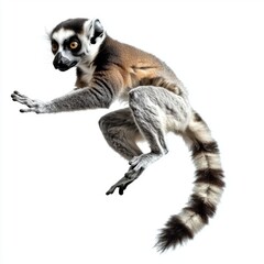 Fototapeta premium Playful Lemur Leaping in Mid-Air with Outstretched Limbs and Striking Expressions Against White Background