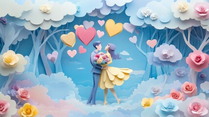 Romantic Couple Dancing in Paper Heart Rain with Multicolored Roses - Dreamy Pastel Sky Background