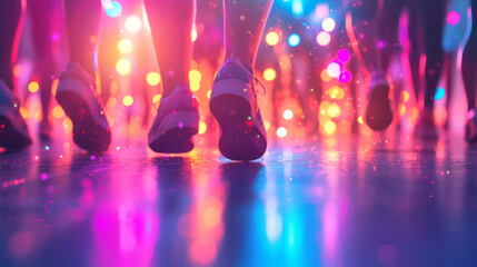 A party ambience scene capturing a rainbow of bright spots and lines, reflecting from the spinning disco ball onto dancing feet,