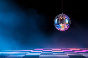 A crisp image of a polished disco ball suspended in mid-air, its reflective surface generating a multi-hued light show on a checkered dance floor,