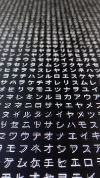 コンピュータ空間のランダムな文字列・さまざまな文字を含むデータベース・エンコードされたプログラム内のデータセット・数学的計算・大規模言語モデル・機械翻訳・カタカナ・日本語・縦長・ビデオ
