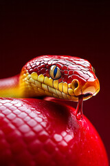 Fototapeta premium A macro perspective zooming in on the snakeâ€™s textured scales as it touches the appleâ€™s surface, evoking a symbolic sense of forbidden desire,