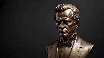 A polished bronze bust of an unnamed president against a moody dark background, ideal for text overlays. For Presidents' Day.
