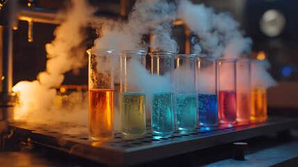 A chemical laboratory featuring bubbling liquids in Erlenmeyer flasks, with colorful gases rising into ventilation hoods, during an organic synthesis process