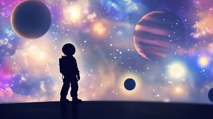Naklejka premium An astronaut silhouetted against a colorful galaxy filled with planets and glowing cosmic wonders.