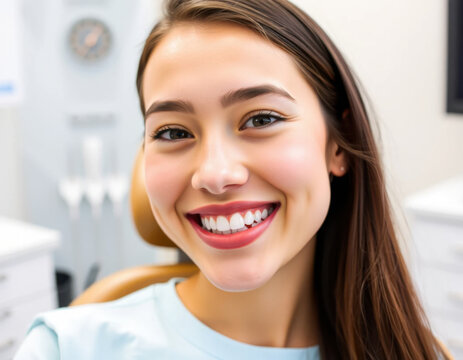Mujer joven adolescente sonriendo en el consultorio del dentista.
