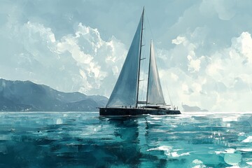 Sailboat glides across tranquil waters under a bright sky near scenic mountains