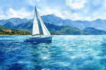 Fototapeta premium Sailboat gliding across tranquil waters with mountains in the background during a sunny day