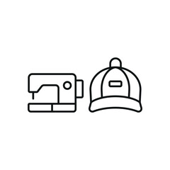 Sewing machine and cap set icon represents custom tailoring and headwear design, perfect for fashion branding, embroidery services, garment production, and artisan sewing visuals.