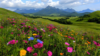 Obraz premium Colorful wildflowers meadow, mountain backdrop, summer day, scenic landscape, nature photography
