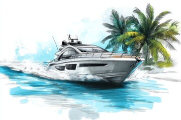 Luxury yacht cruising through clear blue waters surrounded by palm trees in a tropical paradise