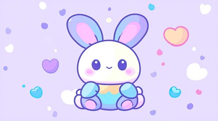 Adorable cartoon bunny rabbit sitting amidst pastel hearts and clouds.