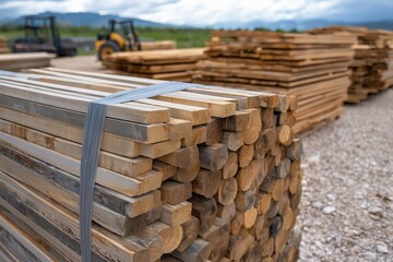 Stacks of lumber on construction site with forklift in background