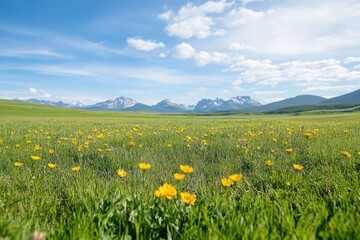 Fototapeta premium Wildflowers blooming in a vibrant meadow under a clear blue sky, showcasing nature's colorful beauty.