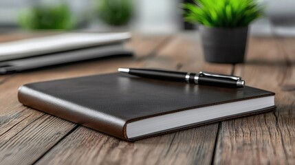 Elegant Brown Leather Journal with Pen: Rustic Desk Still Life