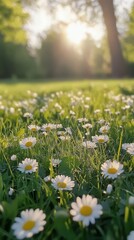 A lush green field filled with blooming daisies under natural light. Perfect for nature and spring themes.