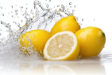 Refreshing splash of juicy lemons with water droplets