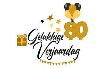 caligrafische tekst vector gelukkige verjaardag met een cadeauverpakking van ballonnen en nummer 80