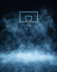 A dynamic side-perspective showing the basketball hoop in crisp detail, illuminated by a single beam as wisps of smoke move across the empty floor,