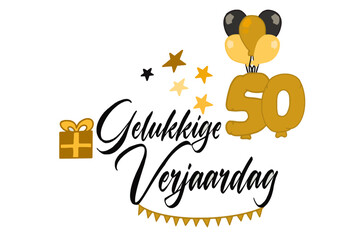 Fototapeta premium caligrafische tekst vector gelukkige verjaardag met een cadeauverpakking van ballonnen en nummer 50