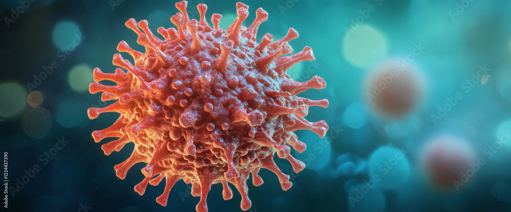 Poster close-up of a virus cell, showcasing the detailed structure of the viral particles. this microscopic