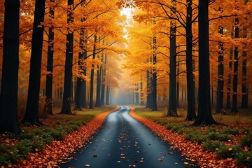 Fototapeta premium A forest road winding through a sea of golden and orange trees, woodland, nature, woods
