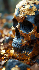 Portrait of A Kintsugi Human Skull Gold And Blue With Blurry Background