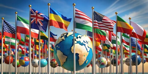 A group of diverse national flags are tied together with a globe in the background, symbolizing unity and global cooperation, flags, international relations