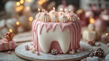 Delightful cake shaped like a tooth with pink frosting and cheerful design, with lit candles in a cozy holiday National Dentist Day setting. Greeting for the dentist