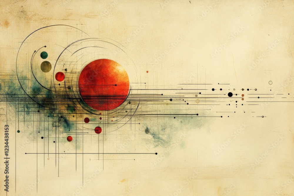 Fototapete Abstract artistic representation of cosmic elements with vibrant colors and intricate lines in a unique composition