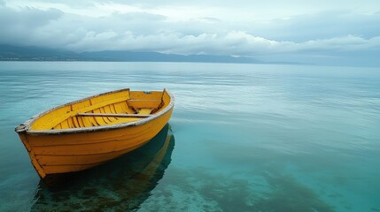 Naklejka premium Vibrant Yellow Boat on Calm Waters Under a Cloudy Sky