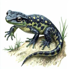 Obraz premium Colorful amphibian with striking patterns and textures, perched on a rocky surface among lush green grass