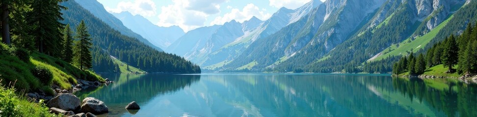Fototapeta premium Serene alpine lake with surrounding mountains, trees, mountain