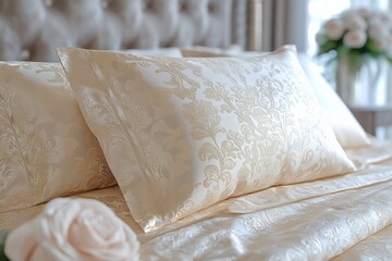 Elegant and luxurious bedding set with embroidered pillows on a stylish bed in a calm bedroom setting