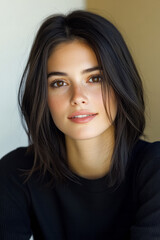 Fototapeta premium A vibrant lighting approach highlighting subtle highlights in her dark hair, her friendly brown eyes reflecting gentle studio illumination,