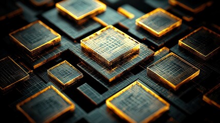 Glowing cubes on circuit board, tech background