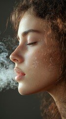 Close-Up of Young Woman with Curly Hair and Smoke in Profile View
